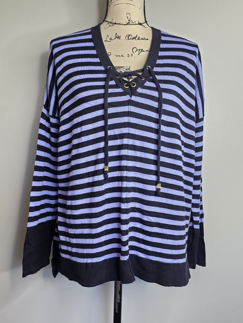 Dana Buchman Purple & Black Striped Lace-Up Tunic Sweater - Size Medium